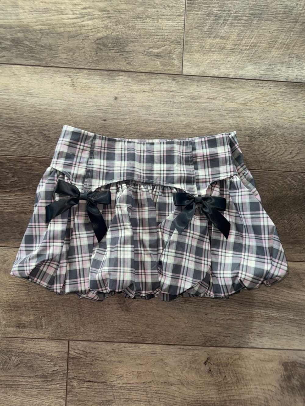 Sugar Thrillz Pink & Gray Plaid Mini Bubble Skirt with Black Bows XS